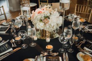 Karla & Franklin - Dahlia Peony Hydrangea Low Centerpiece - Manhattan Penthouse - by Our Wedding Way