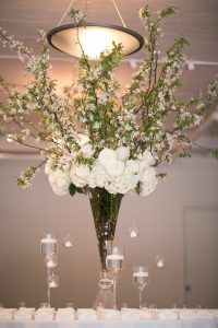 Justine & Jeff - White Cherry Blossom Tibet Rose Hydrangea High Card Table - Tribeca Rooftop NYC - by Cody Raisig Photography - 546