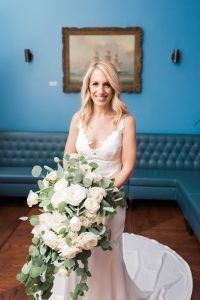 Paige and Mark - Tibet Rose Ranunculus Silver Dollar Euc Ruscus Cascading Bouquet - India House - Photography by Lauren Fair - LFP163