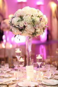 Sara & Paul - Hydrangea Dusty Miller Spray Rose Ocean Song Esther Rose Seeded Euc High Centerpiece - The Grove NJ - Photo by Gabelli Studios Photography - BF8I0977