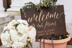 Suzy & Jerry - Hydrangea Ivory Rose Blush Rose Spray Rose Seeded Euc Entrance Arrangement and Welcome Sign - Bourne Mansion Long Island - by Ryon Lockhart