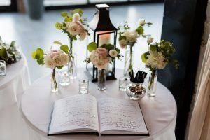 Emily & Daring Wedding - Battello Jersey City NJ - Dahlia Silver Dollar Seeded Parv Euc Hydrangea Lisianthus Garden Spray Rose Ruscus Bud Vase Guest Book Table - Photography by Casey Fatchett - 1087