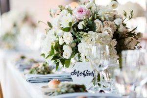 Emily & Daring Wedding - Battello Jersey City NJ - Dahlia Silver Dollar Seeded Parv Euc Hydrangea Lisianthus Garden Spray Rose Ruscus Low Centerpiece - Photography by Casey Fatchett - 1093