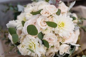 Emily & Daring Wedding - Battello Jersey City NJ - Dahlia Silver Dollar Seeded Parv Euc Lambs Ear Ranunculus Garden Rose Bridal Bouquet - Photography by Casey Fatchett - 1