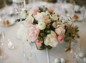 Tracy and Ben Wedding - Astrantia Seeded Parv Euc Dusty Miller Hydrangea Peony Garden Rose Low Centerpiece - Le Parker Meridien NYC - Kathleen and Robert Photographers - 156