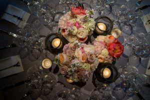 Lauren and Jordan Wedding - Low Centerpiece Trio Astilbe Parv Euc Hydrangea Peony Ranunculus Garden Quicksand Menta Vendela Rose Stock - Blue Hill at Stone Barns NY - by Craig Paulson - 0751