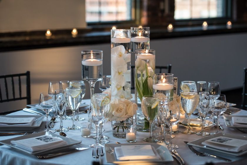 Courtney And Michael Wedding Submerged Flower Low Centerpiece Tribeca Rooftop Nyc Joel 3598