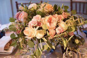 Kat & Ryan Wedding - Low Centerpiece Astilbe Birch Dahlia Silver Dollar Euc Lisianthus Olive Juliet Spray Rose Stock - Stone Mill at New York Botanical Garden - by Laurie Rhodes - 184734