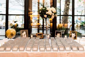 Nina & Vincent Wedding - Card Table Arrangement Parv Euc Hydrangea Lisianthus Vendela Spray Rose Ruscus - Bryant Park Grill - Andrea Fischman Photography - 478