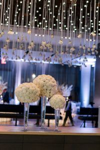 Stefanie & Jon Wedding - Entrance Table Arrangements Carnation Pomander Ball on Pilsner Vase - riverpark NYC - by Trent Bailey - 0707