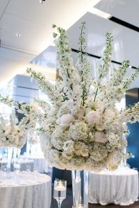 Stefanie & Jon Wedding - High Centerpiece Delphinium Hydrangea Peony Rose Stock - riverpark NYC - by Trent Bailey - 0603