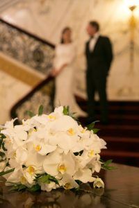 Raphaela & Neil Wedding - Cascading Bouquet Lily Grass Dendrobium Phalaenopsis Orchid Italian Ruscus - Metropolitan Club - by Hechler Photographers -2124-1363